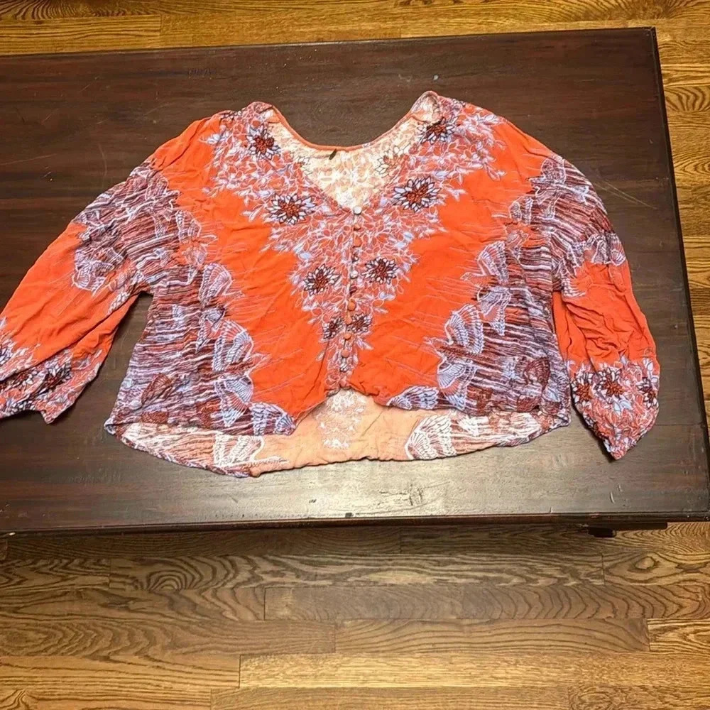 Free People burnt orange and blue loose pheasant dress with bird print size L